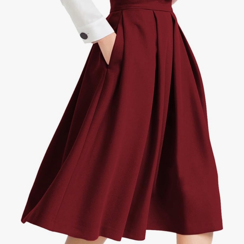 NWT Yige Women’s High Waisted Flared Skirt Pleated Midi Skirt with Pockets